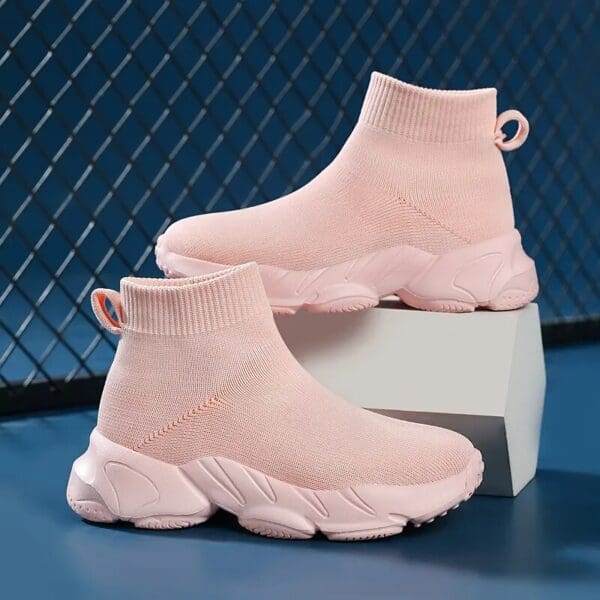 S90dc9423b9ee4db19f6a0e3de31ec77f6Kids Shoes Girls Sneakers Fashion Knit Luxury Designer High Top Shoes Comfortable Casual Running Sports Tennis