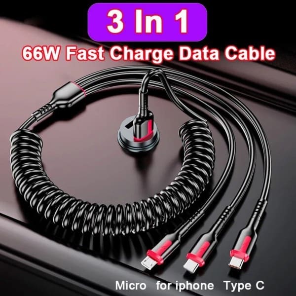 S1493c415a01840cbacac5c635e9b602dT3 In 1 66W 5A Fast Charging Data Cable Spring Car Charger For iPhone Xiaomi POCO