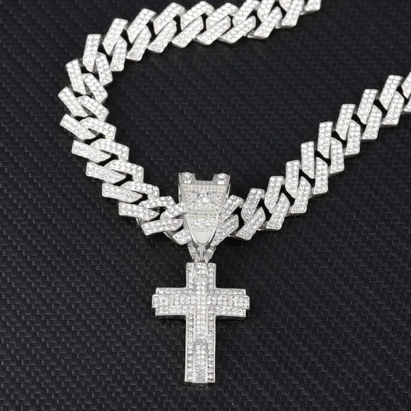S4f60f040072b4acca32713e1ca1a4f0byMen Women Hip Hop Cross Pendant Necklace With 16mm Crystal Cuban Chain HipHop Iced Out Bling