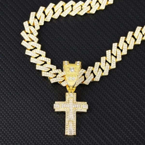 S6f6d6abc36974e5c99b6d1084ecaadf7QMen Women Hip Hop Cross Pendant Necklace With 16mm Crystal Cuban Chain HipHop Iced Out Bling